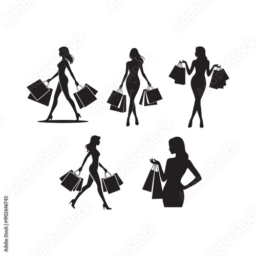 Collection of female shopping silhouettes holding multiple bags in stylish poses