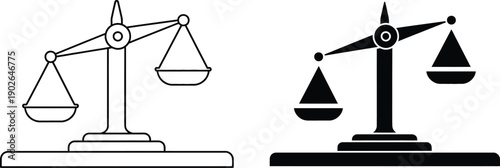A set of balance scales in both line art and solid black icon styles on a white background