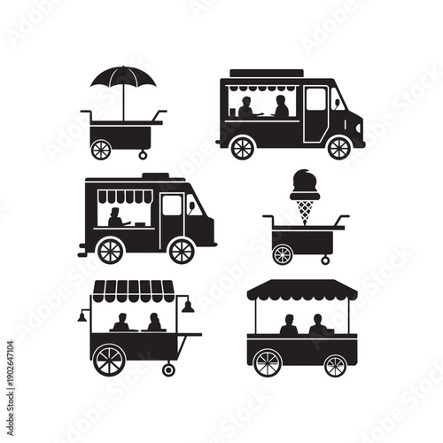 Street food trucks and mobile market stall cart silhouettes for urban vending