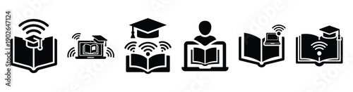 set of minimalist online academic digital icons. E-learning silhouette vector icon set in black color and white background