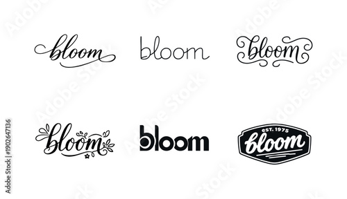 Minimalist bloom script. Set lettering. harmonious lettering variations of the same emblematic concept, each with different