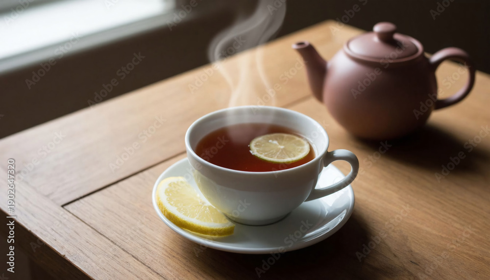 Obraz premium Cup of tea with lemon and teapot on wooden table