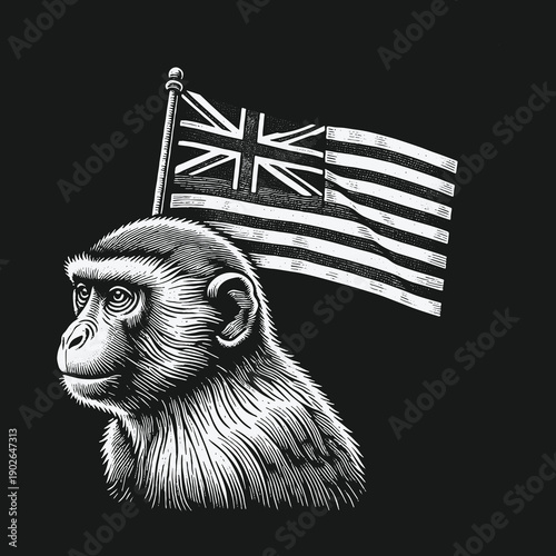 Monkey with Union Jack Flag: A Symbol of Colonialism and Identity.