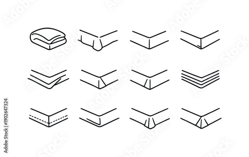 Bedding Corner Detail. Line icon set of Bedding Corner Detail: folded duvet corner, bedspread edge, mattress corner, tucked sheet corner,