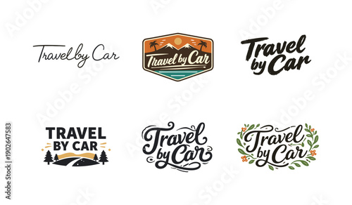 Creative Travel Lettering. Travel by car. Set lettering. harmonious lettering variations of the same emblematic concept, each with different artistic