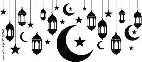 Ramadan kareem silhouette crescent moon lanterns and stars decoration