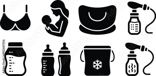 Group of black glyph icons illustrating breastfeeding and infant feeding supplies including a mother, bottles, and a breast pump