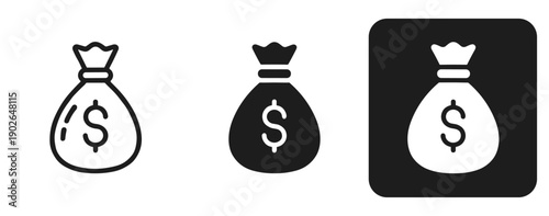 Money Bag and Cash Sack Icons for Wealth and Finance in Three Styles
