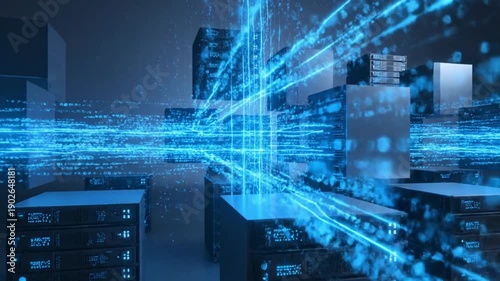 Modern data center with multiple server racks and storage units