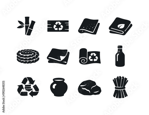 Sustainable Materials. Solid icon set of Sustainable Materials: bamboo stick, recycled wood plank, cork sheet, organic cotton fabric, jute