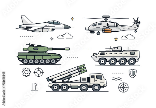 Military hardware. A clean editorial scene with simplified military vehicles displayed in a neutral, informational way. The mood is technical
