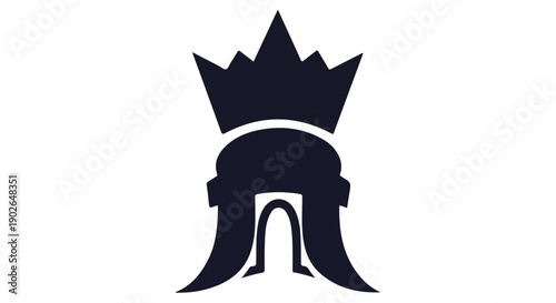 A stylized dark blue crown illustration with a distinctive modern design

