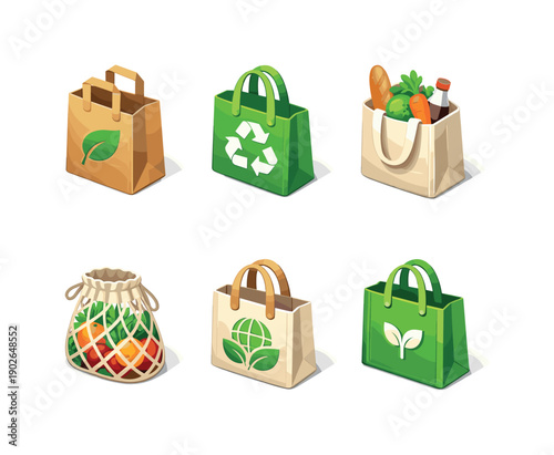 Eco Shopping Icons. Eco shopping. Isometric flat vector icons set of eco shopping: eco paper bag, recycled shopping bag, organic grocery bag, zero waste bag,