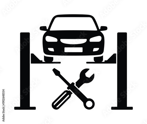 Vector image of car elevated on lift with tools for maintenance