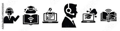 set of minimalist online digital classroom icons. E-learning silhouette vector icon set in black color and white background