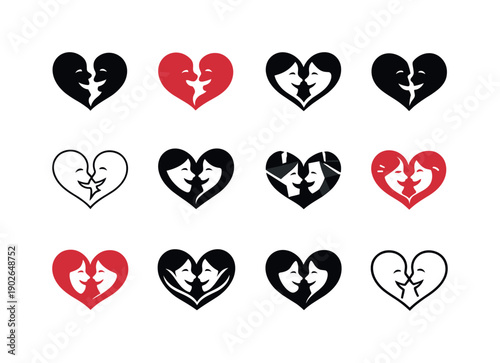 couple sharing an inside joke. Icon set. Set Logo of couple sharing an inside joke: heart formed by two profiles. harmonious logo variations