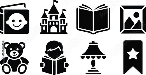 Illustrative black silhouette icons representing childrens literature, fantasy, and educational activities