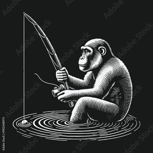 A chimpanzee fishing in water a unique and humorous illustration.