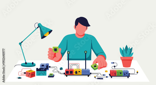 Young man assembling modular electronic components at clean workspace.