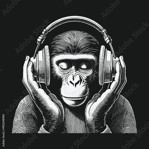 Monkey Lost in Music: A Detailed Engraving of Auditory Bliss.