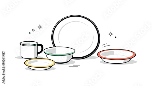 Enamel plates set. A minimal still life of enamel plates with subtle rim details, arranged quietly with plenty of white space. The mood is