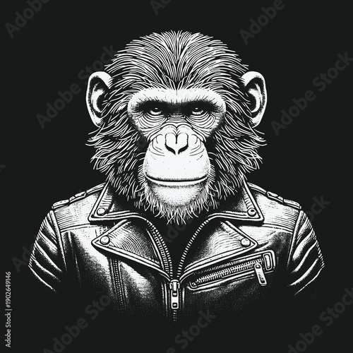 Chimpanzee Biker: A Detailed Portrait of Style and Attitude.