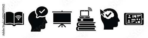 set of minimalist online exam icons. E-learning silhouette vector icon set in black color and white background