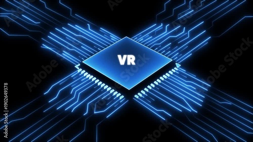 Virtual Reality Concept with Glowing Blue Circuit Board and V R Chip Technology microchip