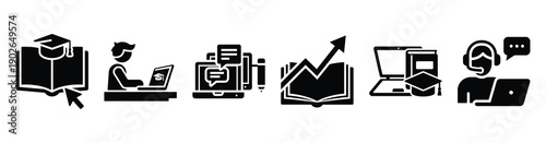 set of minimalist online knowledge test icons. E-learning silhouette vector icon set in black color and white background