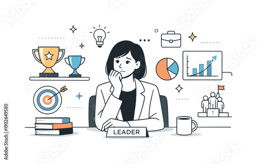 Imposter syndrome leadership. Calm office scene with trophies, charts, and leadership icons in the background while the leader looks quietly