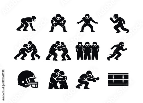 American Football Defense. Solid icon set of American Football Defense: defensive lineman, linebacker stance, safety coverage, blitz rush,