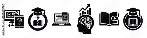 set of minimalist online learning notification icons. E-learning silhouette vector icon set in black color and white background