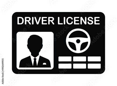 Black and white vector illustration of a driver license card with a steering wheel icon