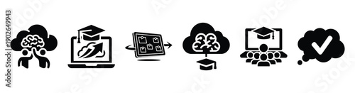 set of minimalist online lecture icons. E-learning silhouette vector icon set in black color and white background