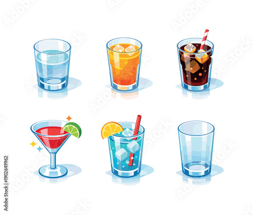 Drinkware set. Isometric flat vector icons set of drinkware set: water glass reflections, juice glass highlights, soda glass shine, cocktail