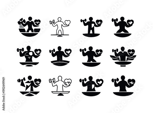 full-body workout. Icon set. Set Logo of full-body workout: strength and cardio balance. harmonious logo variations of the same emblematic