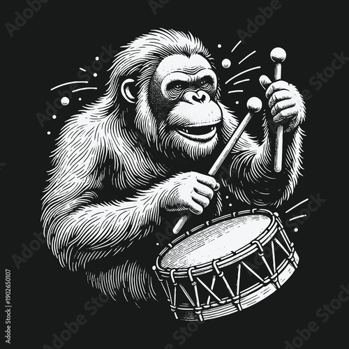 Monkey Drummer: A Detailed Black and White Illustration.