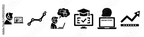 set of minimalist online student learning icons. E-learning silhouette vector icon set in black color and white background