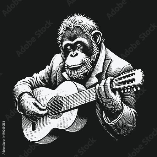 A sophisticated chimpanzee serenades with a classical guitar in monochrome.