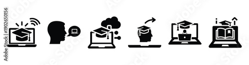set of minimalist online study analytics icons. E-learning silhouette vector icon set in black color and white background