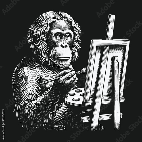 Orangutan Artist: A Detailed Engraving of Creativity and Focus.
