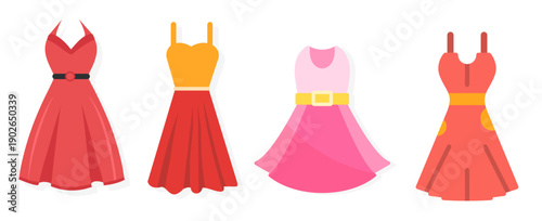 A bright and colorful set of vector images of women's summer dresses in flat format.