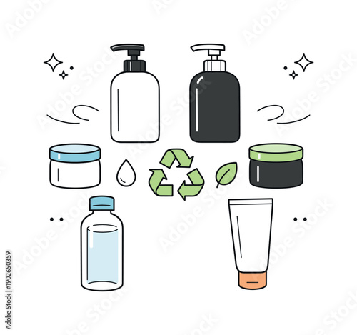 Minimalist Refill Bottles. Refill bottles flat lay. Top view of pump bottles and jars arranged symmetrically, highlighting reuse, cleanliness, and simple