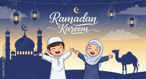 Happy Muslim Boy and Girl Celebrating Ramadan Kareem with Mosque, Crescent Moon and Lanterns for Greeting Card, Poster and Social Media Design