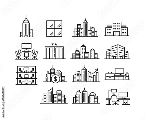 Office skyscraper business. Line icon set of Office skyscraper business: corporate tower, office windows, business district,