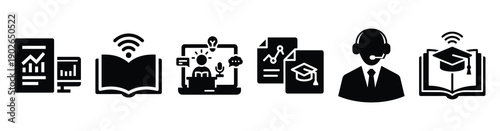 set of minimalist online virtual education icons. E-learning silhouette vector icon set in black color and white background
