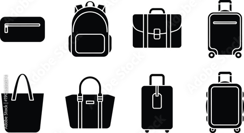 Set of black silhouette icons representing different styles of luggage and everyday carrying bags