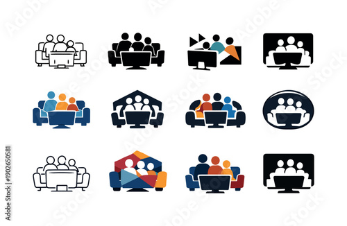 Family Movie Logos. Family movie night. Icon set. Set Logo of family movie night: family sitting on couch watching TV. harmonious logo variations of the same