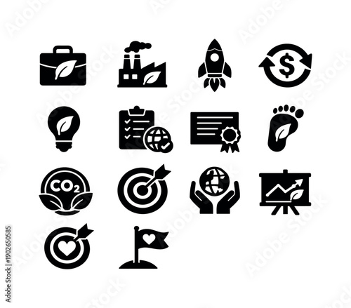 Fully Circular Economy Models. Solid icon set of eco-friendly business: green business briefcase, ethical factory, sustainable startup,