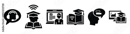 set of minimalist virtual academic learning icons. E-learning silhouette vector icon set in black color and white background